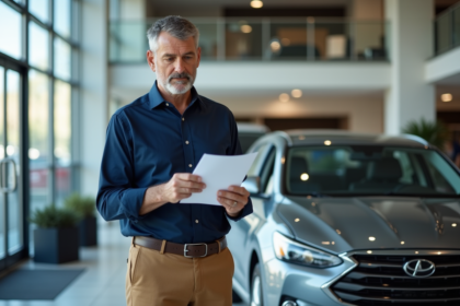 Homme d'âge moyen examinant documents près d'une voiture neuve