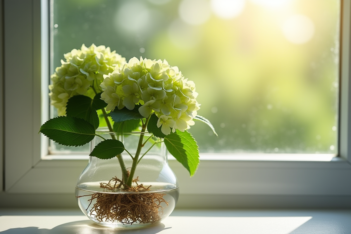 Hortensias en racines dans des verres d
