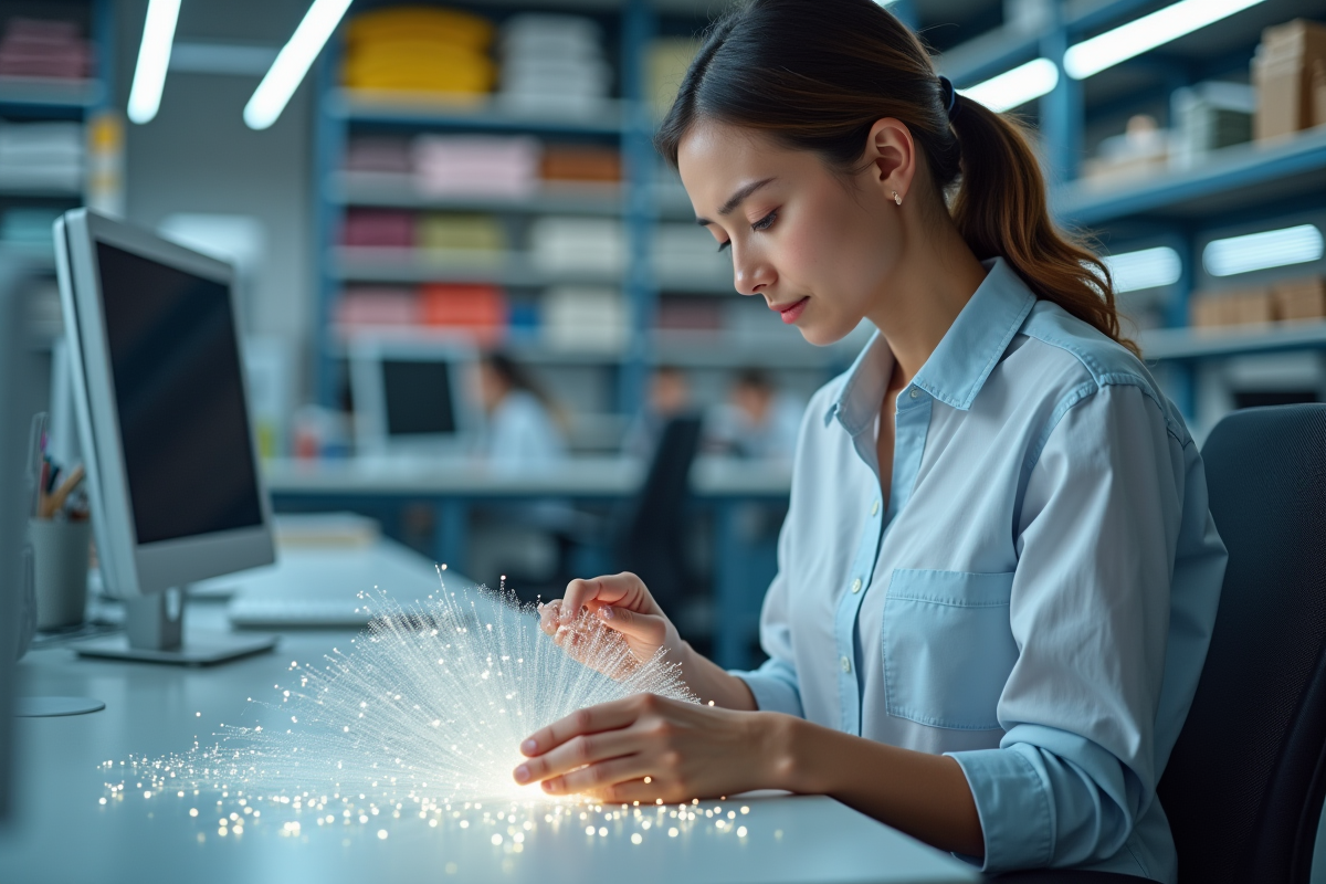 Jeune femme ingenieure textile examine un tissu innovant