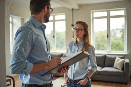 Professionnel inspectant un salon rénové lumineux et moderne