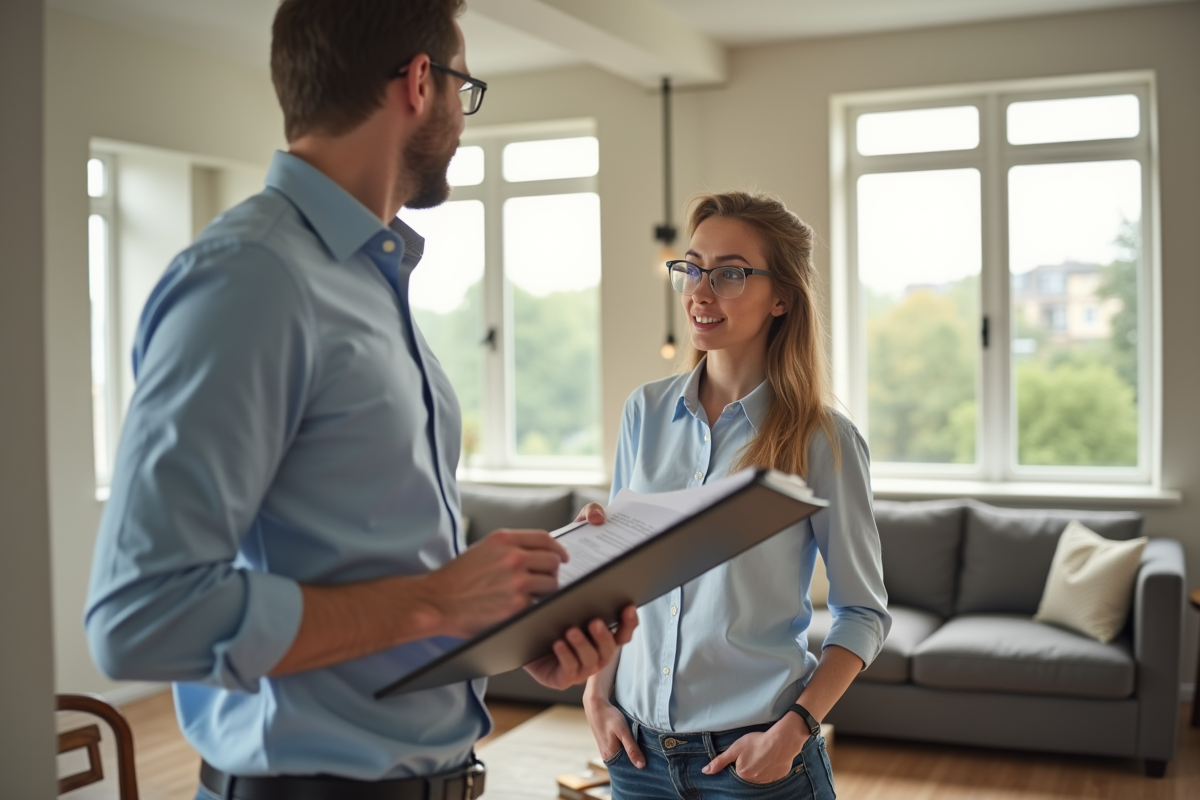 Professionnel inspectant un salon rénové lumineux et moderne