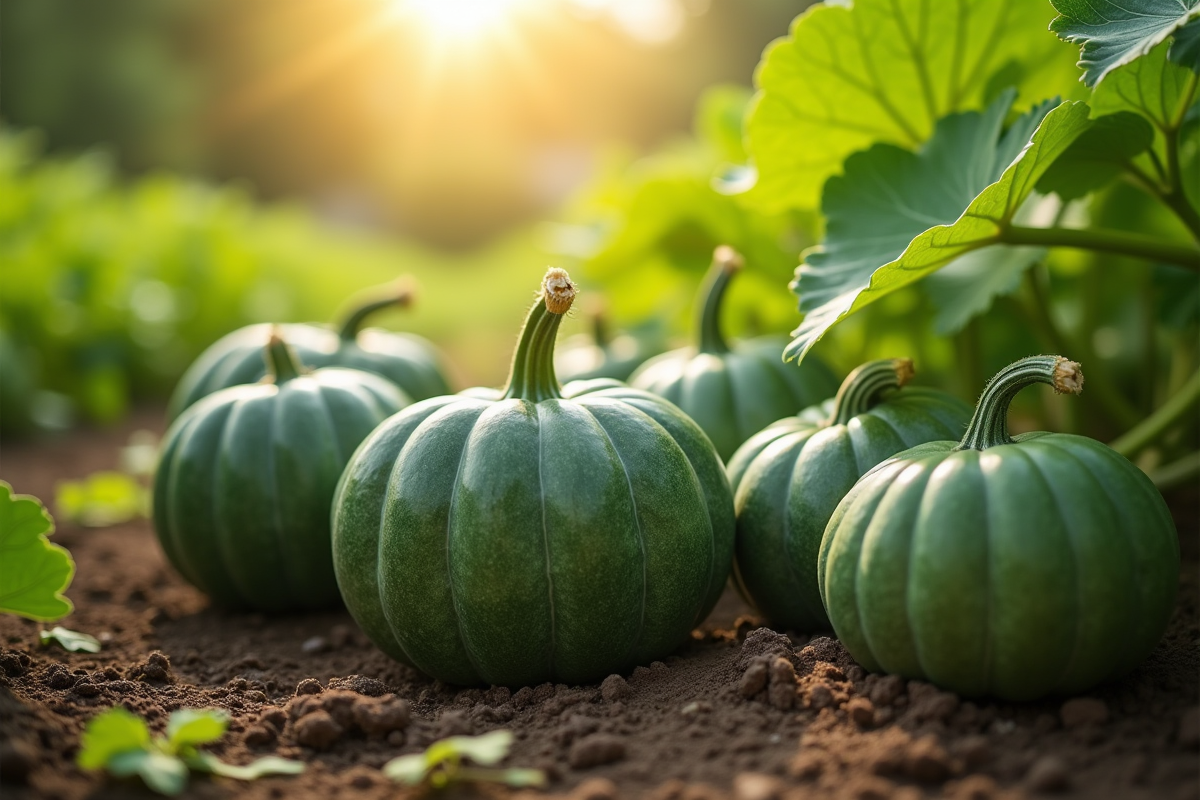 Plusieurs citrouilles vertes en croissance dans un jardin en plein soleil