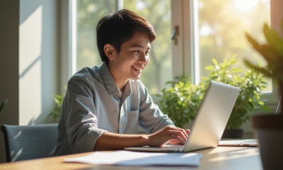 Jeune adulte souriant utilisant un laptop dans un bureau lumineux