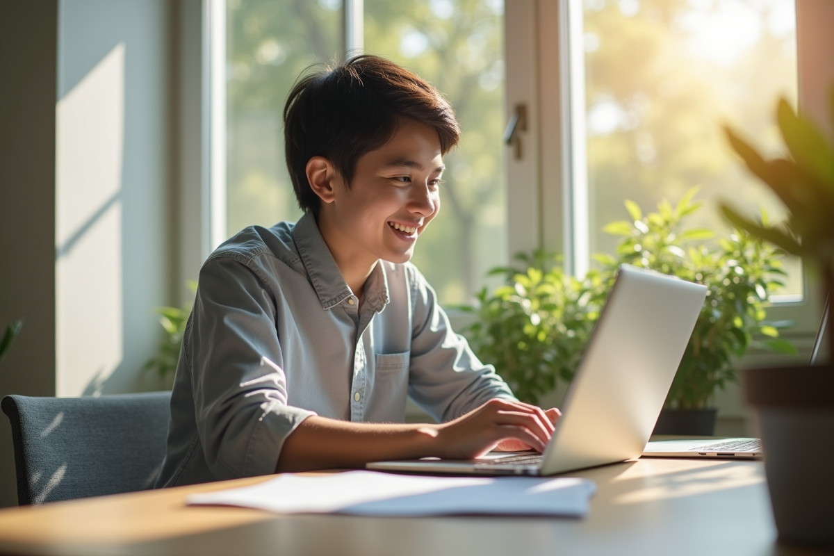 Jeune adulte souriant utilisant un laptop dans un bureau lumineux