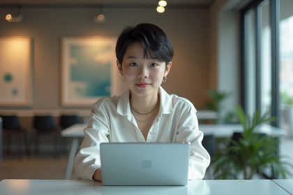 Jeune adulte assis à un bureau moderne dans un espace coworking futuriste