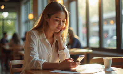 Jeune femme professionnelle au café regardant son smartphone