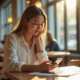 Jeune femme professionnelle au café regardant son smartphone