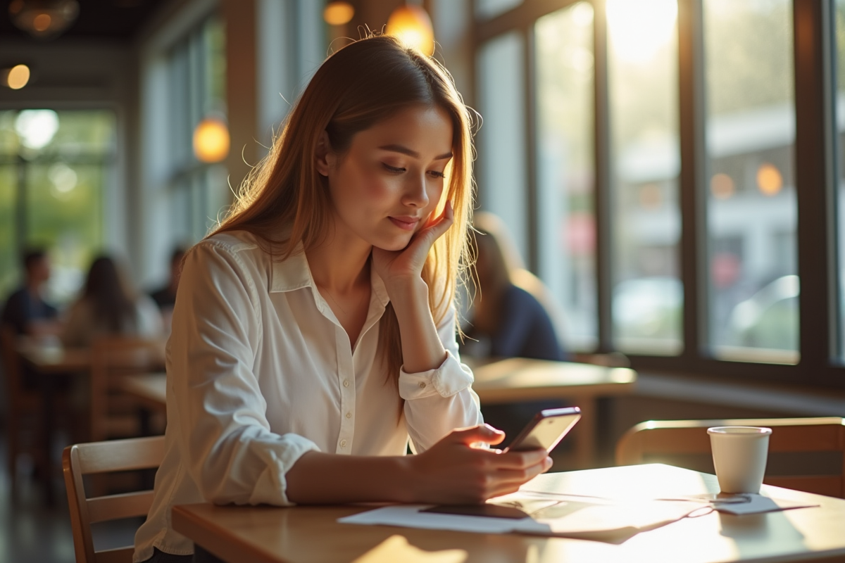 Jeune femme professionnelle au café regardant son smartphone