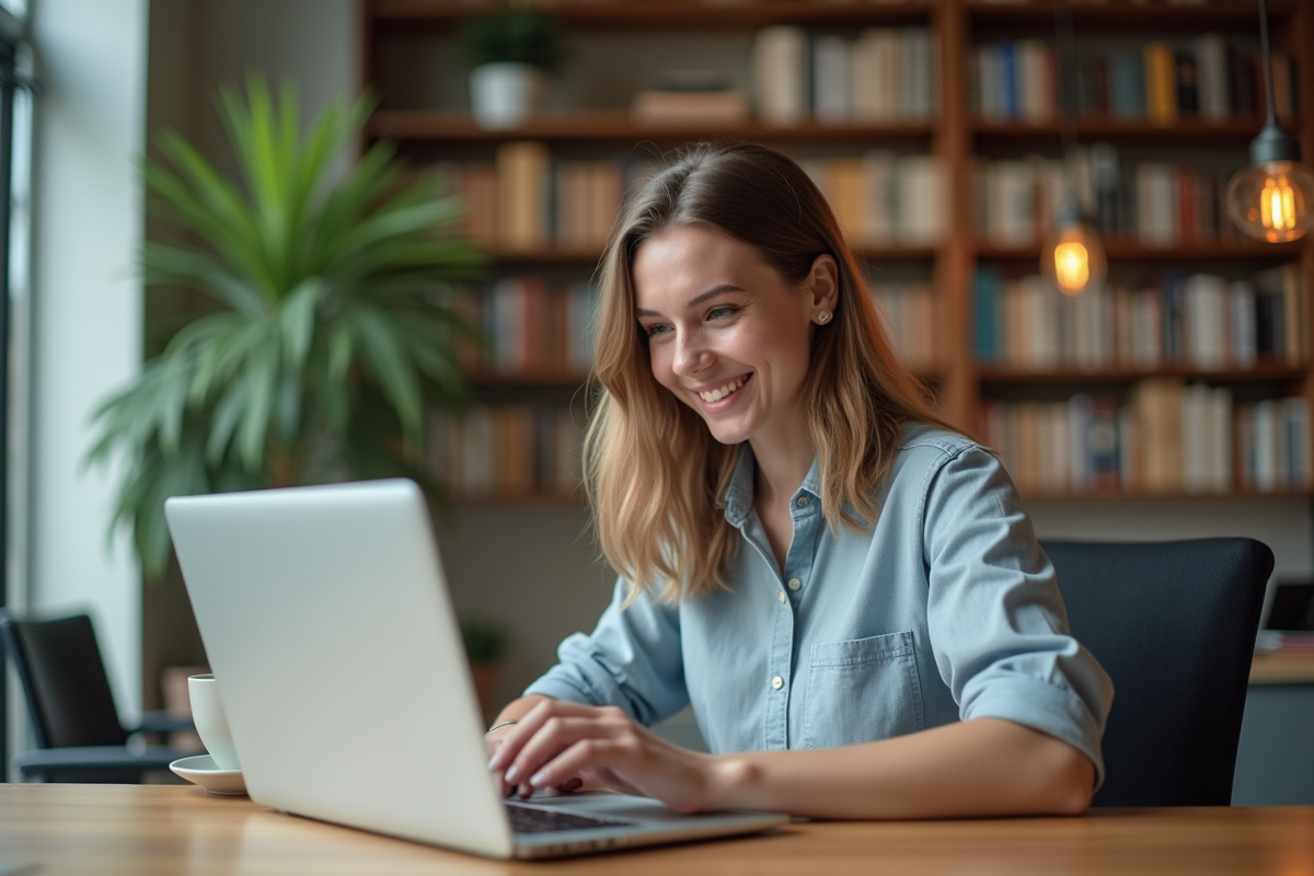 Jeune femme concentrée travaillant sur son ordinateur dans un espace coworking