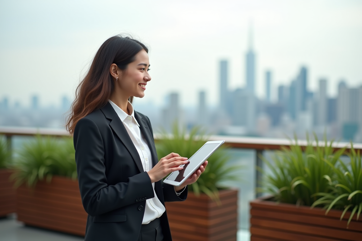 Jeune entrepreneure souriante sur un rooftop urbain