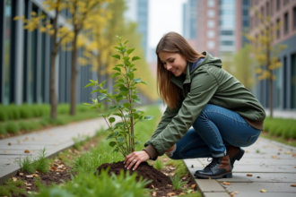 Jeune femme en ville plantant un jeune arbre dans un parc