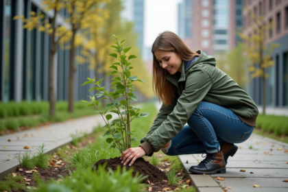 Jeune femme en ville plantant un jeune arbre dans un parc