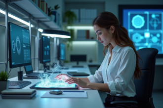 Jeune femme en laboratoire étudiant un tablette quantique