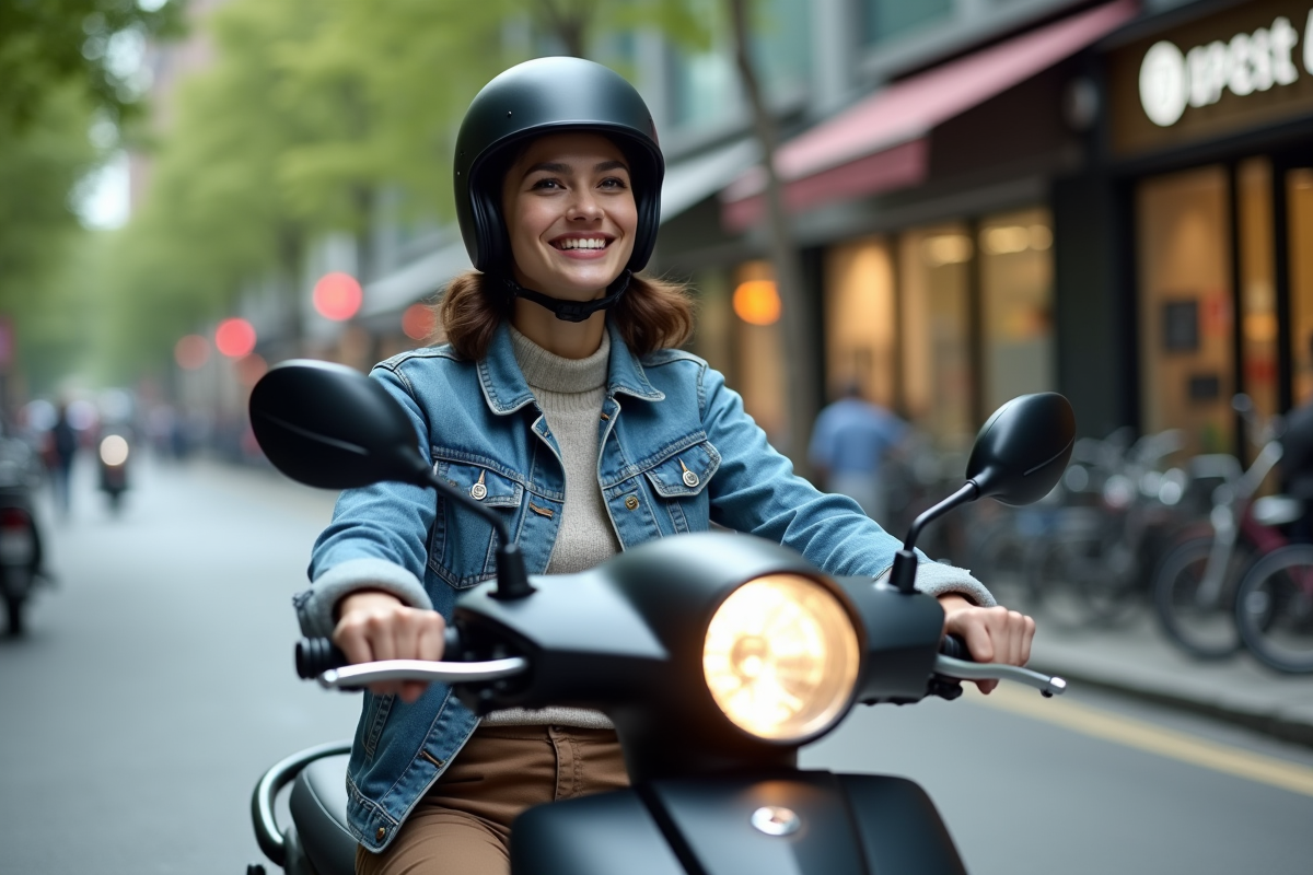 Jeune femme en scooter dans une ville animée