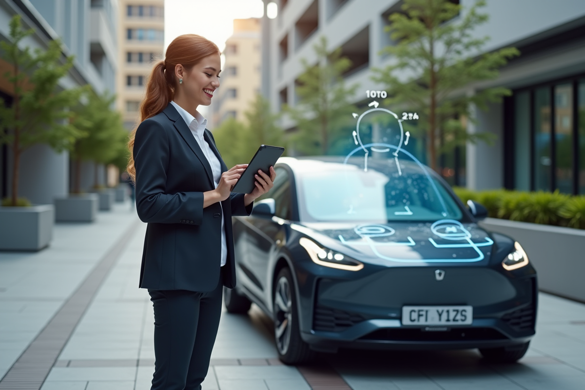 Jeune femme avec tablette devant une voiture électrique en ville