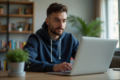 Jeune homme au bureau à la maison utilisant un ordinateur