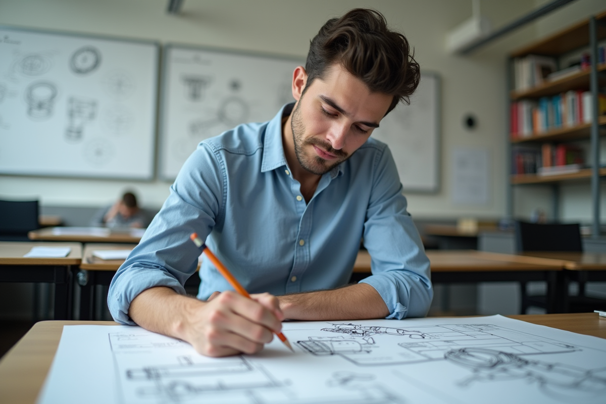 Jeune homme en classe dessinant des pièces mécaniques