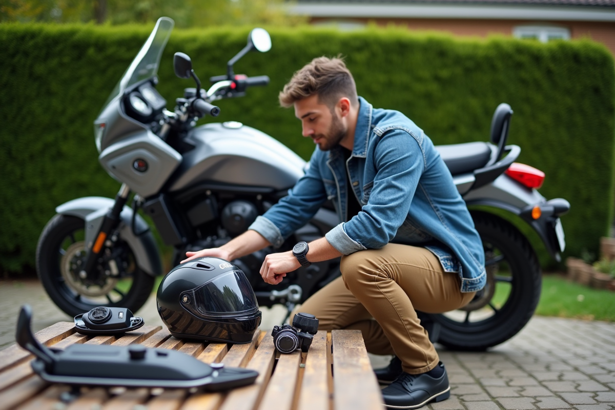 Jeune homme examine accessoires moto en extérieur