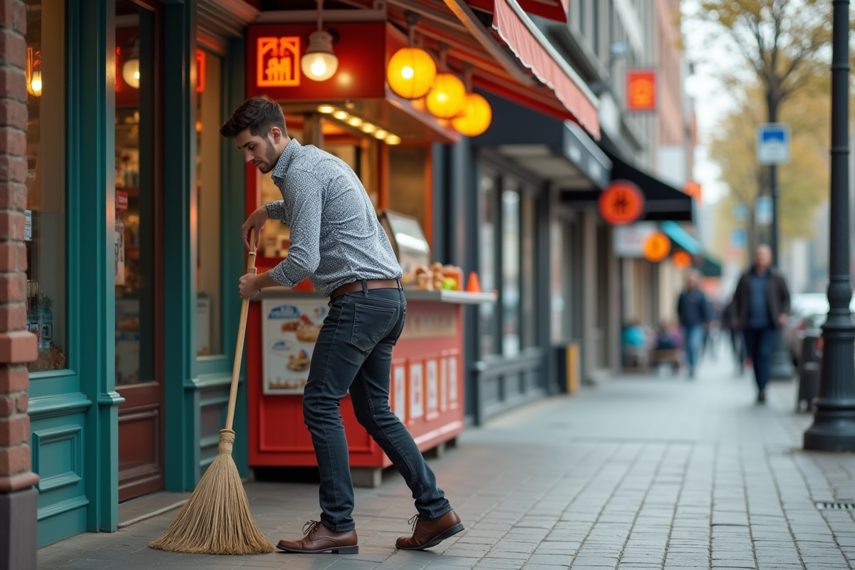Jeune homme nettoyant devant son kiosque alimentaire en ville