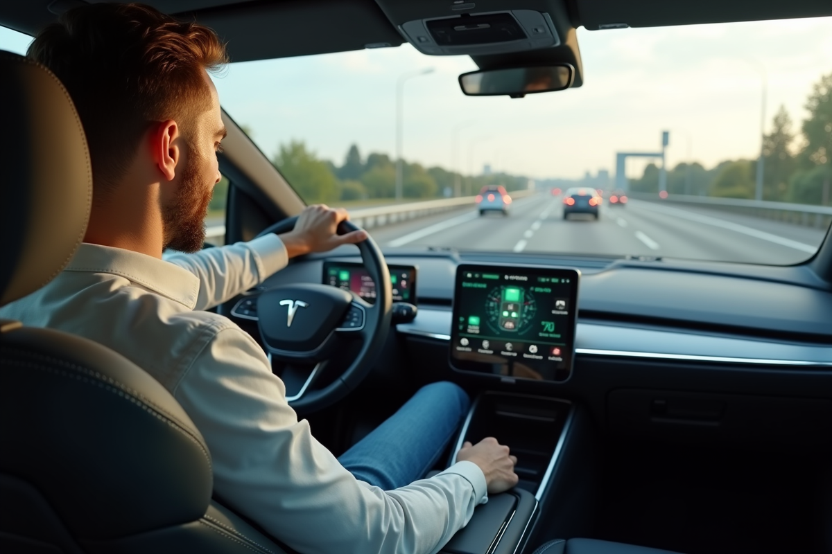 Jeune homme dans voiture autonome avec tableau tactile