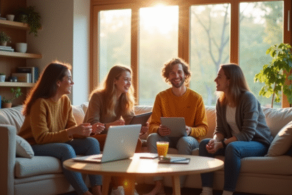 Jeunes adultes souriants dans un salon lumineux et spacieux