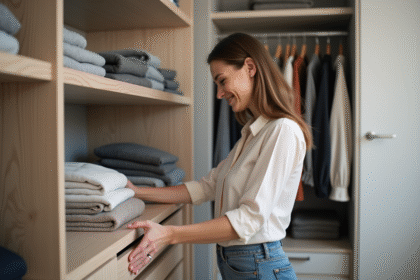 Femme organisant un dressing avec des pulls pliés
