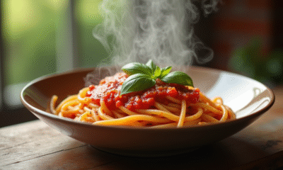 Bol de pâtes italiennes avec sauce tomate et basilic frais