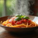 Bol de pâtes italiennes avec sauce tomate et basilic frais