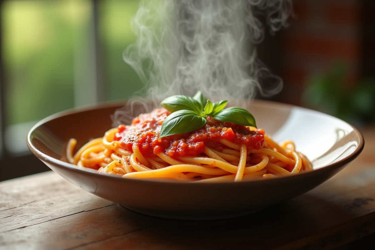 Bol de pâtes italiennes avec sauce tomate et basilic frais