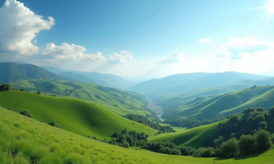 Paysage panoramique de collines vertes sous un ciel bleu avec nuages