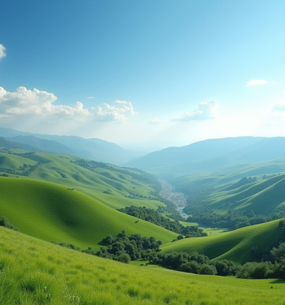 Paysage panoramique de collines vertes sous un ciel bleu avec nuages