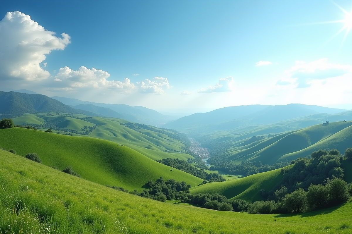 Paysage panoramique de collines vertes sous un ciel bleu avec nuages