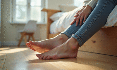 Personne assise sur le lit touche ses pieds dans une chambre lumineuse