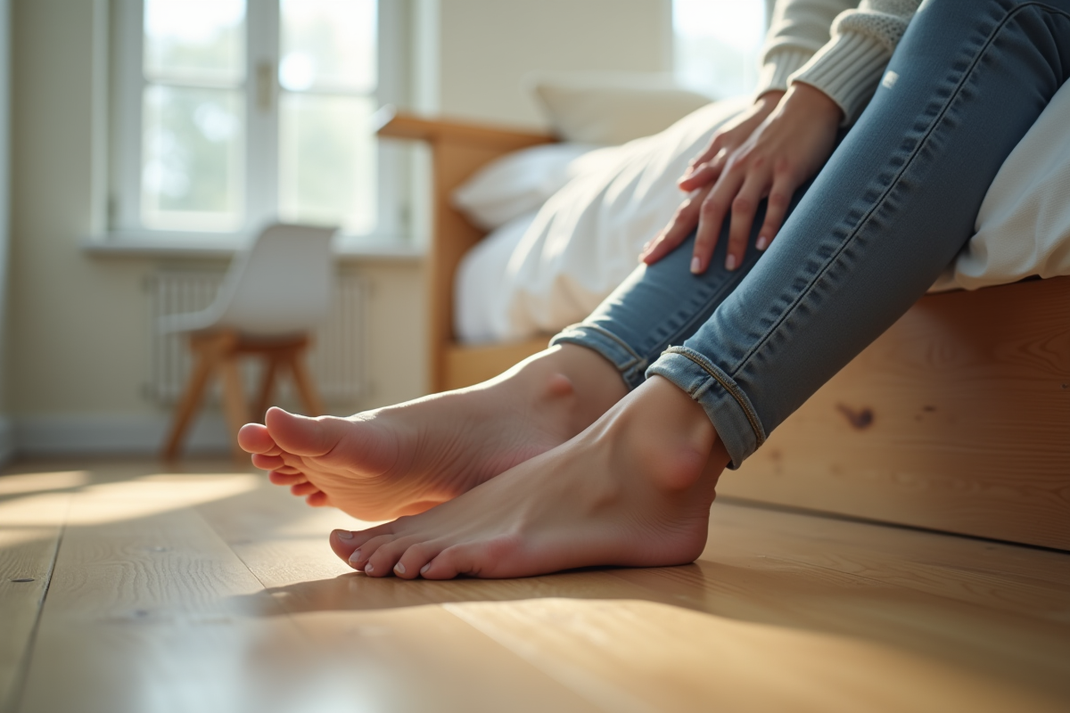 Personne assise sur le lit touche ses pieds dans une chambre lumineuse
