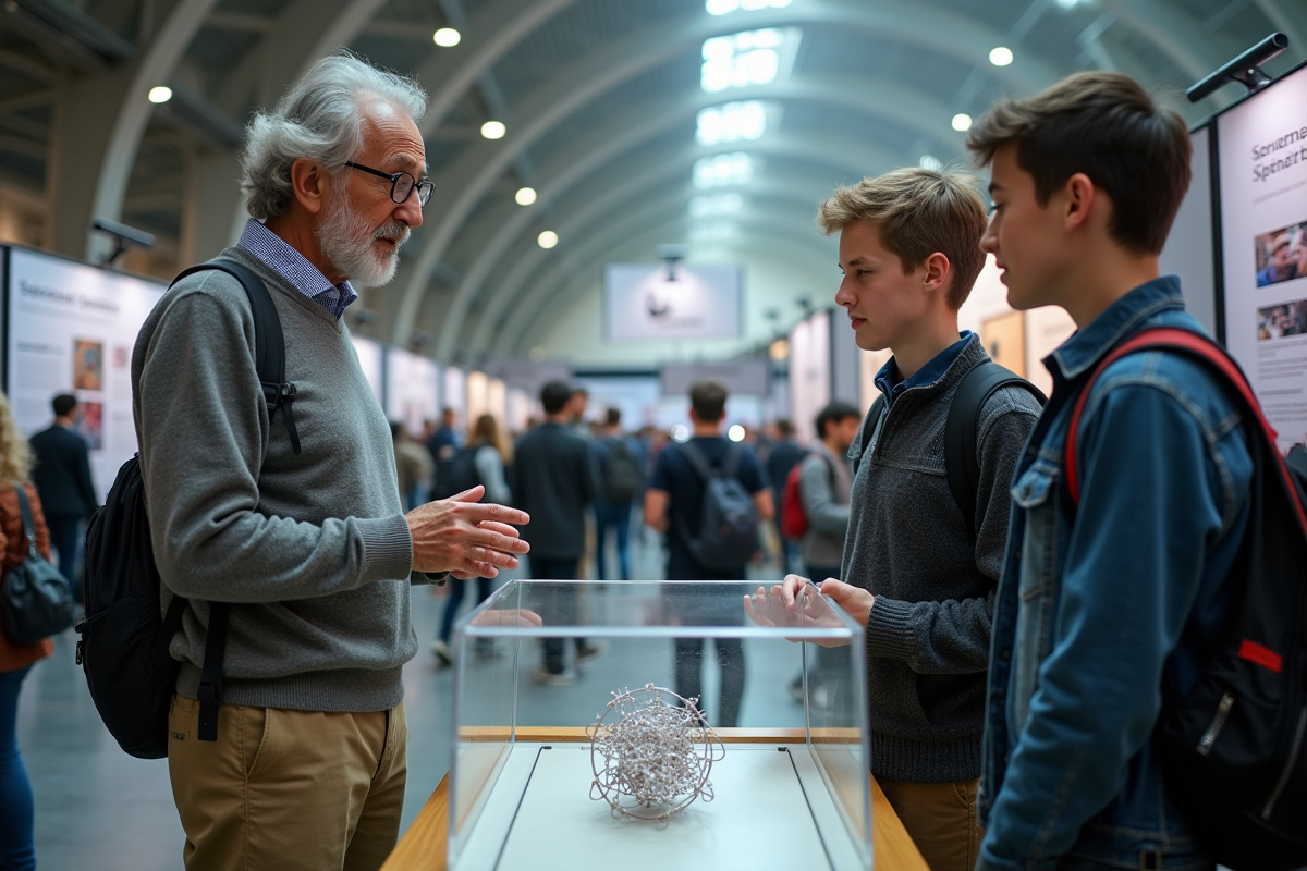 Physicien âgé expliquant la physique quantique aux adolescents
