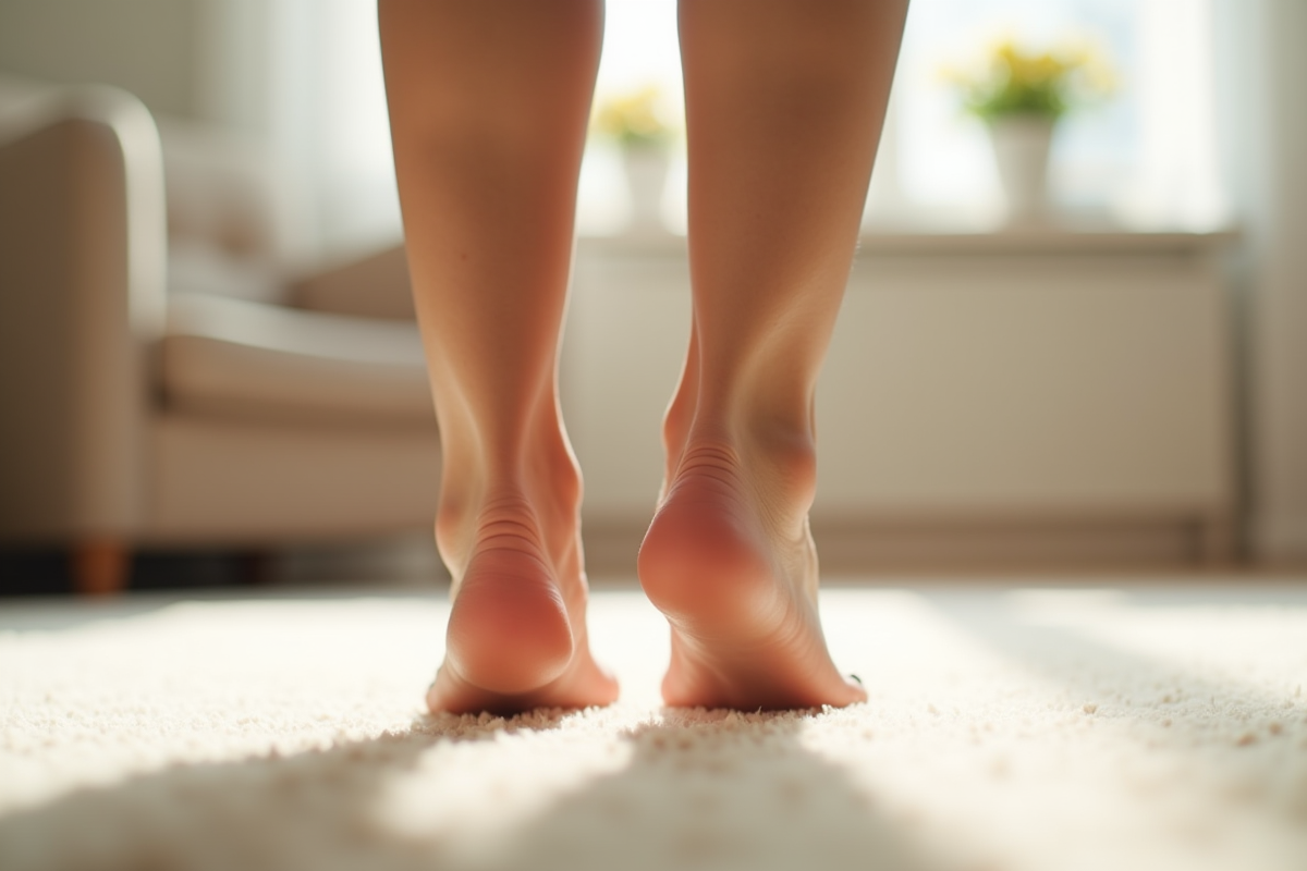 Pieds avec rougeurs sur un tapis dans un salon ensoleille