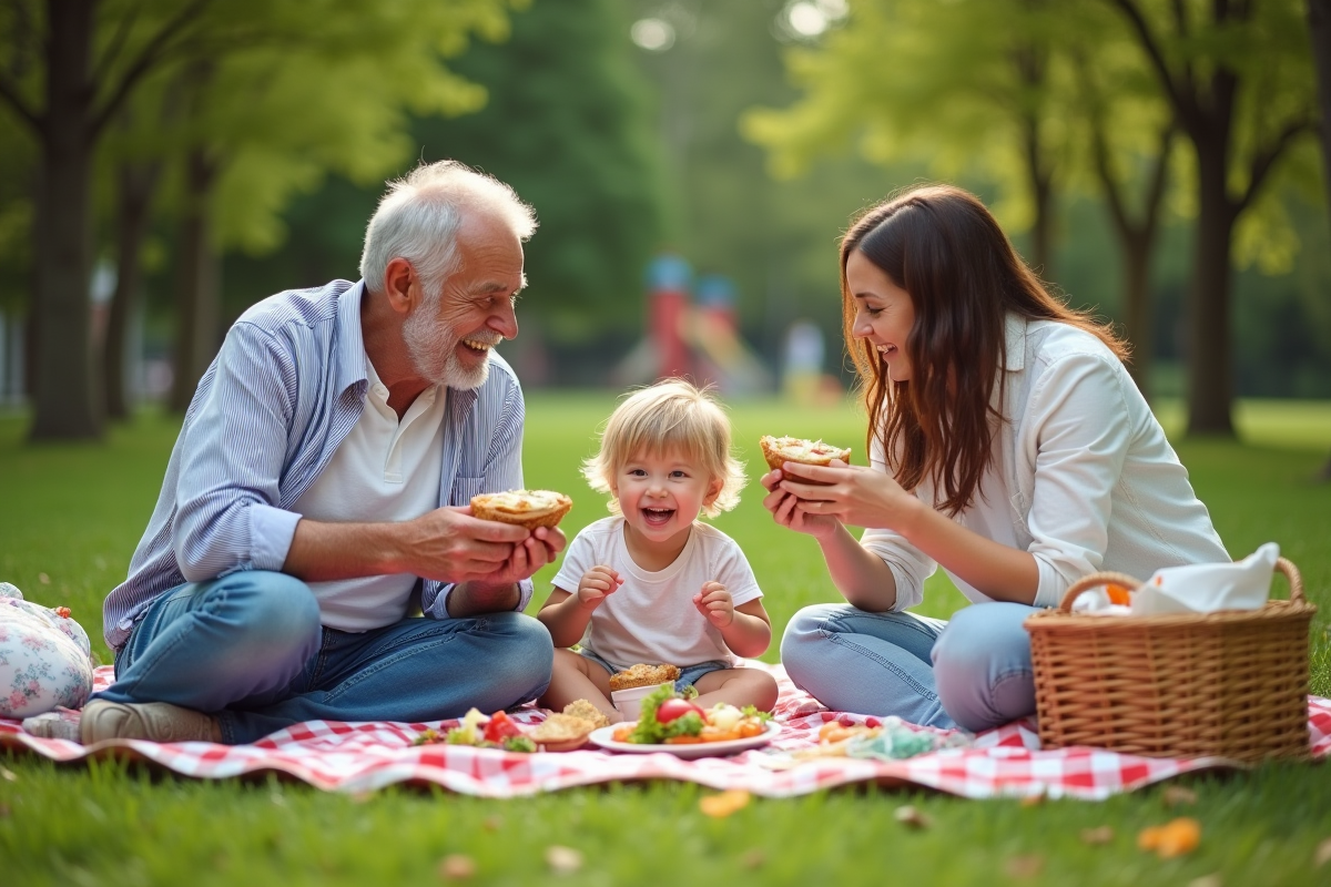 Famille multigeneration partageant un pique-nique dans un parc ensoleille