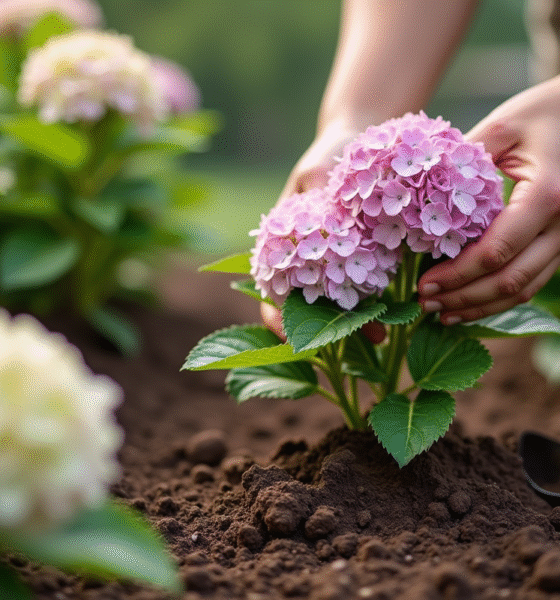 Mains plantant des hortensias dans la terre du jardin