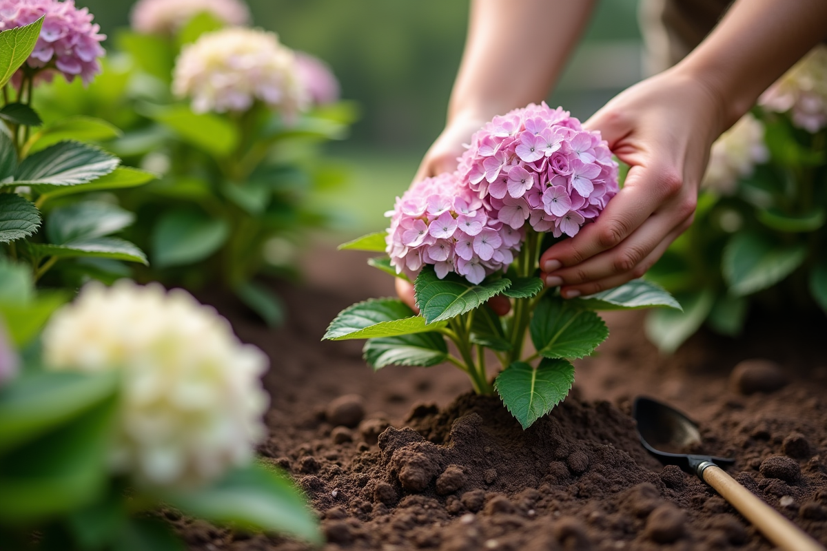 Mains plantant des hortensias dans la terre du jardin