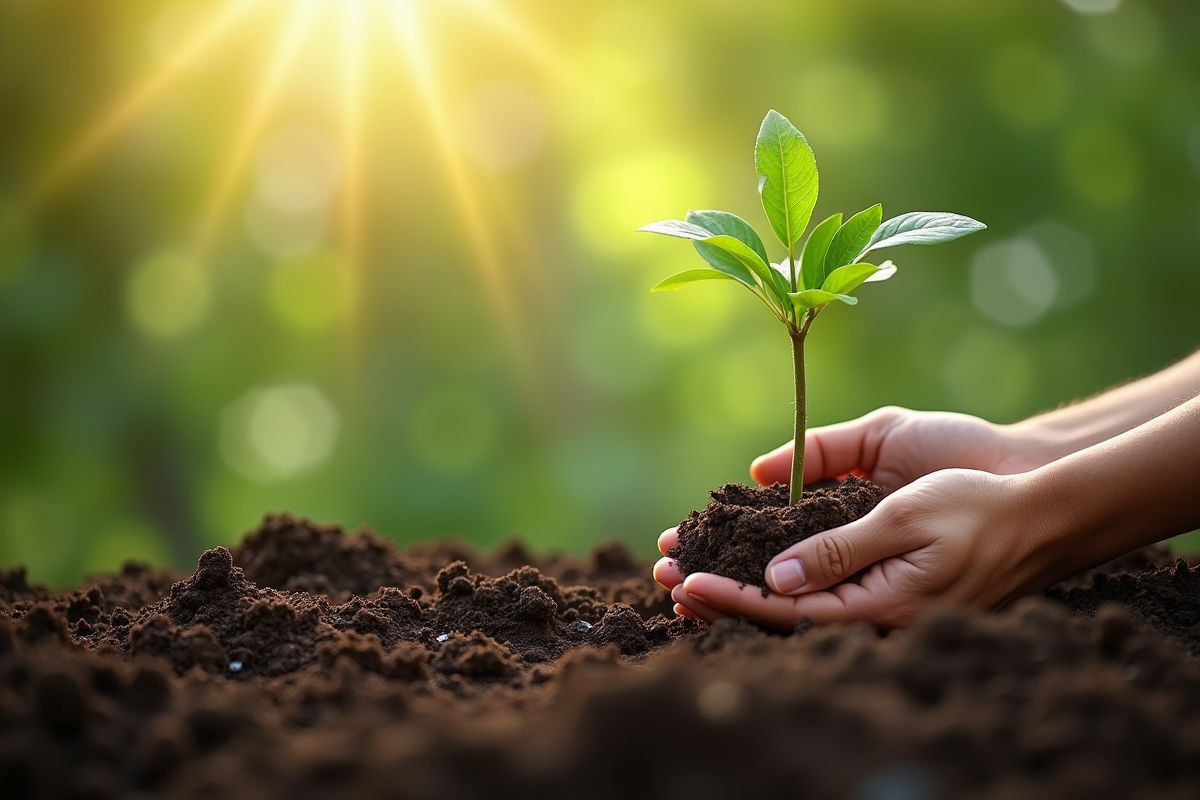 Main plantant un jeune arbre dans un environnement vert ensoleille