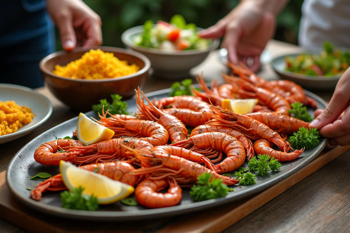 Plateau de fruits de mer frais avec riz et salades sur une table en bois