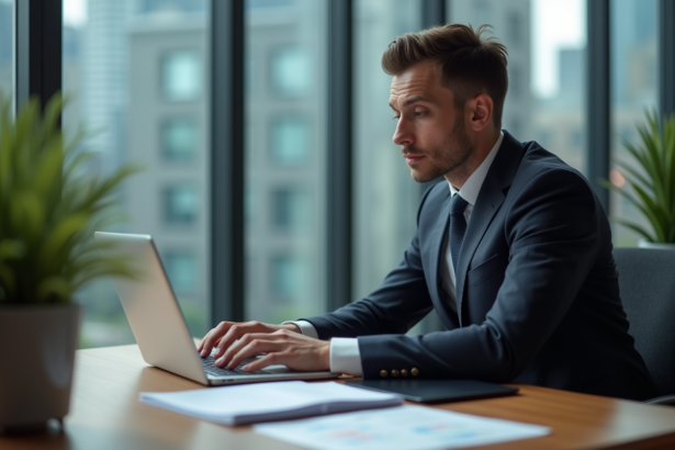 Homme d'affaires en costume noir analysant des rapports financiers