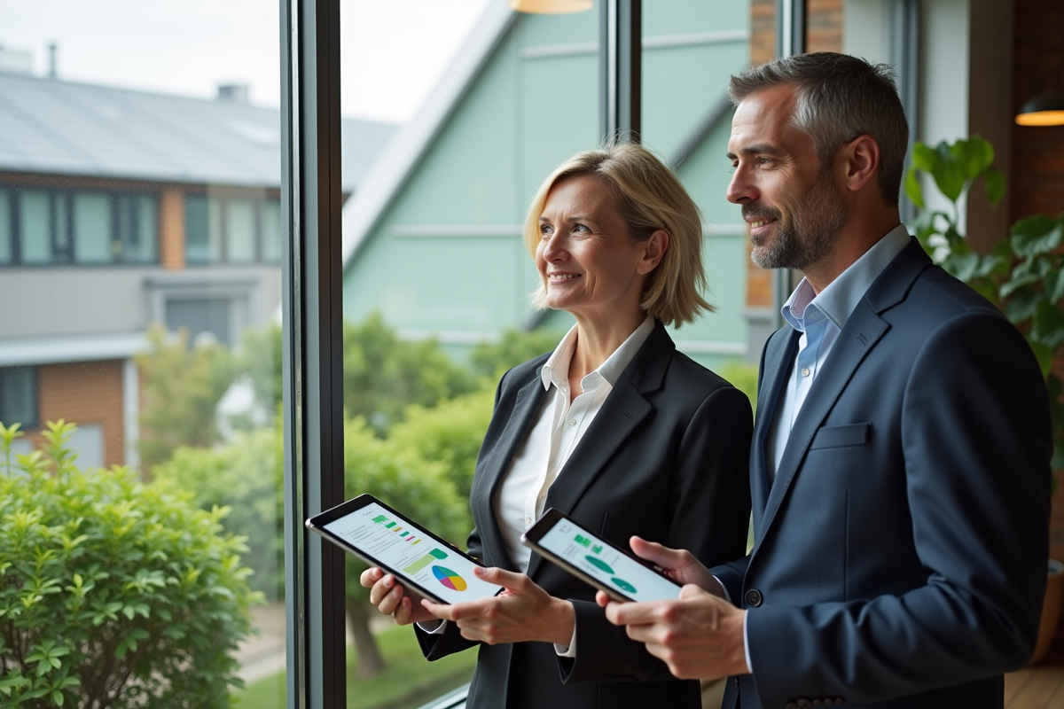 Homme et femme en bureau écologique regardant des tablettes