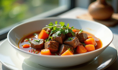 Ragoût de boeuf et carottes présenté dans une assiette élégante