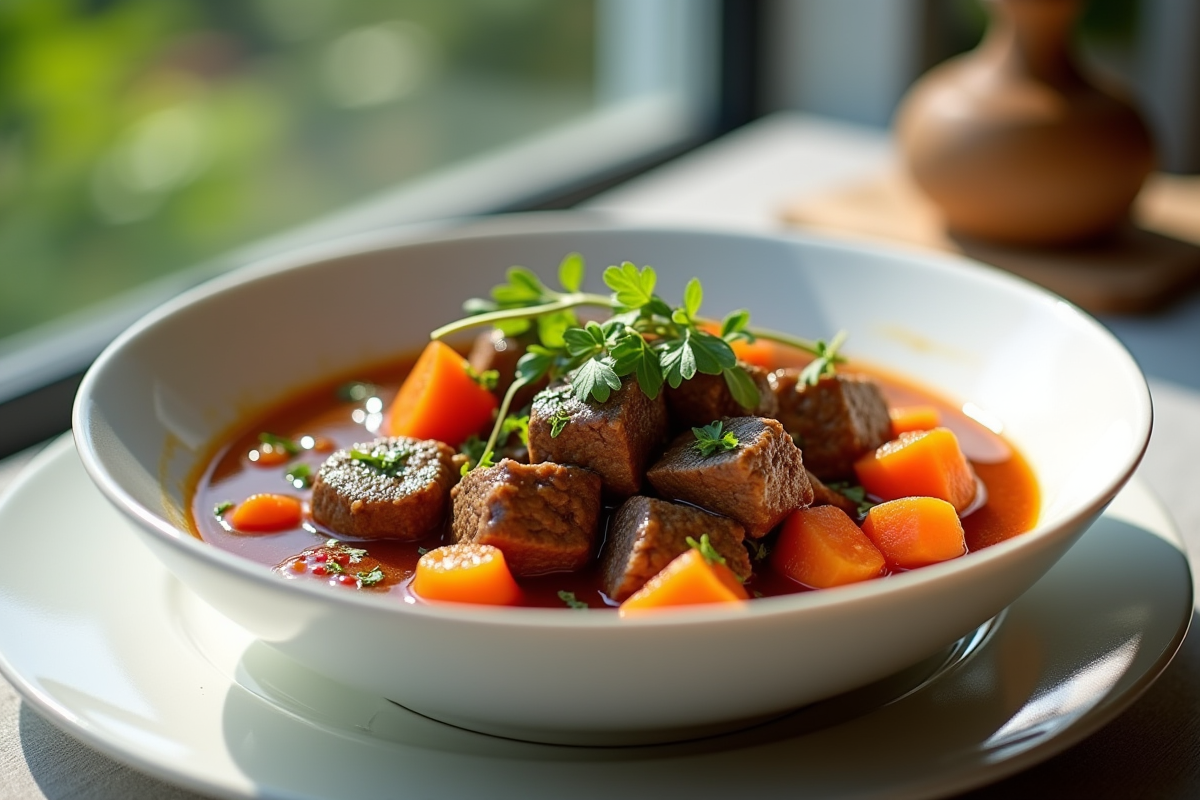 Ragoût de boeuf et carottes présenté dans une assiette élégante