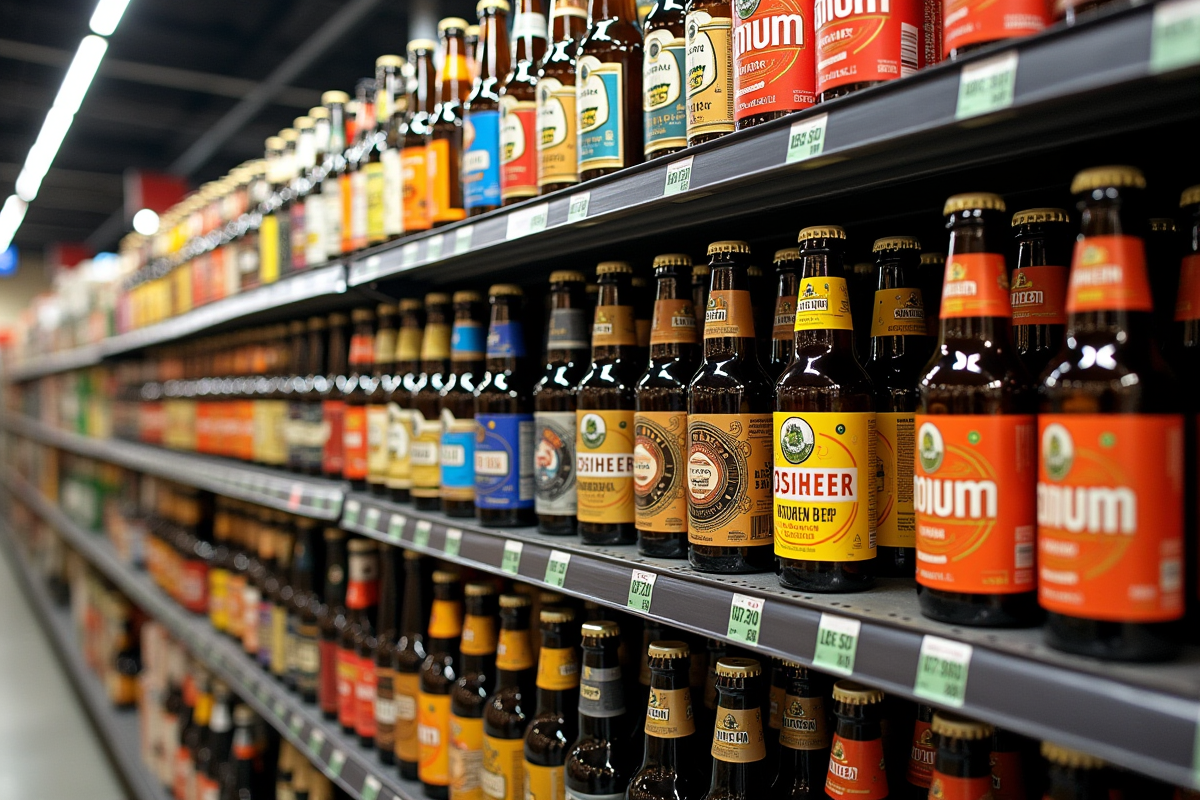 Rayon de supermarché avec bières sans gluten colorées en étalage