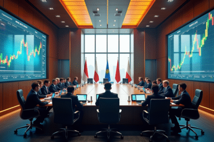 Réunion de banque avec drapeaux et graphiques financiers