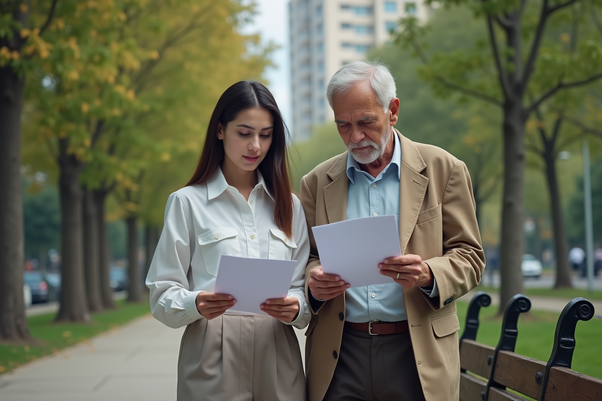 Jeune femme et homme âgé examinant des documents dans un parc