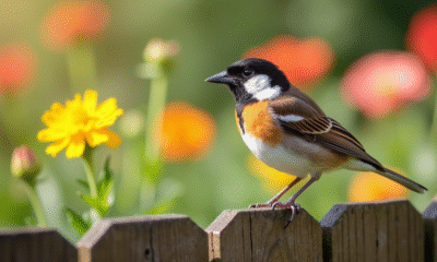 Rouge-gorge sur une clôture en bois dans un jardin fleuri