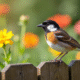Rouge-gorge sur une clôture en bois dans un jardin fleuri